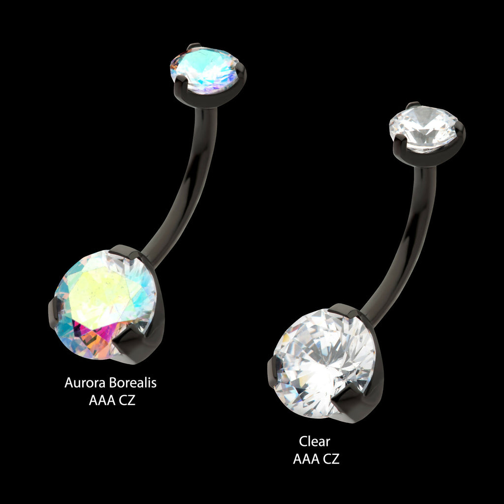 Black PVD Titanium Internally Threaded Prong Set Double CZ Fixed Bottom Navel Ring Earring / Nosering