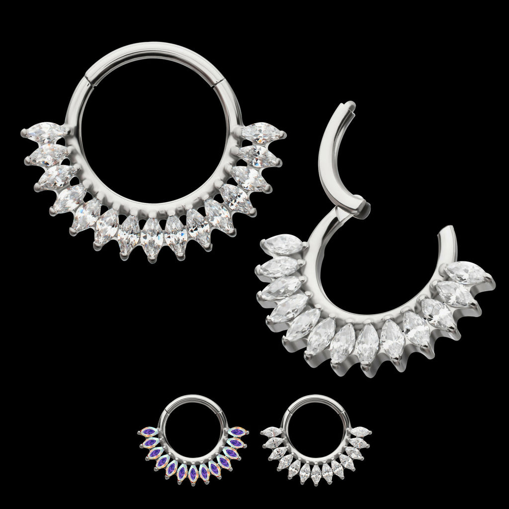 Prong Set Marquise Gem Cluster Fan Front Facing Hinged Segment Clicker Hoop Earring / Nosering – Titanium