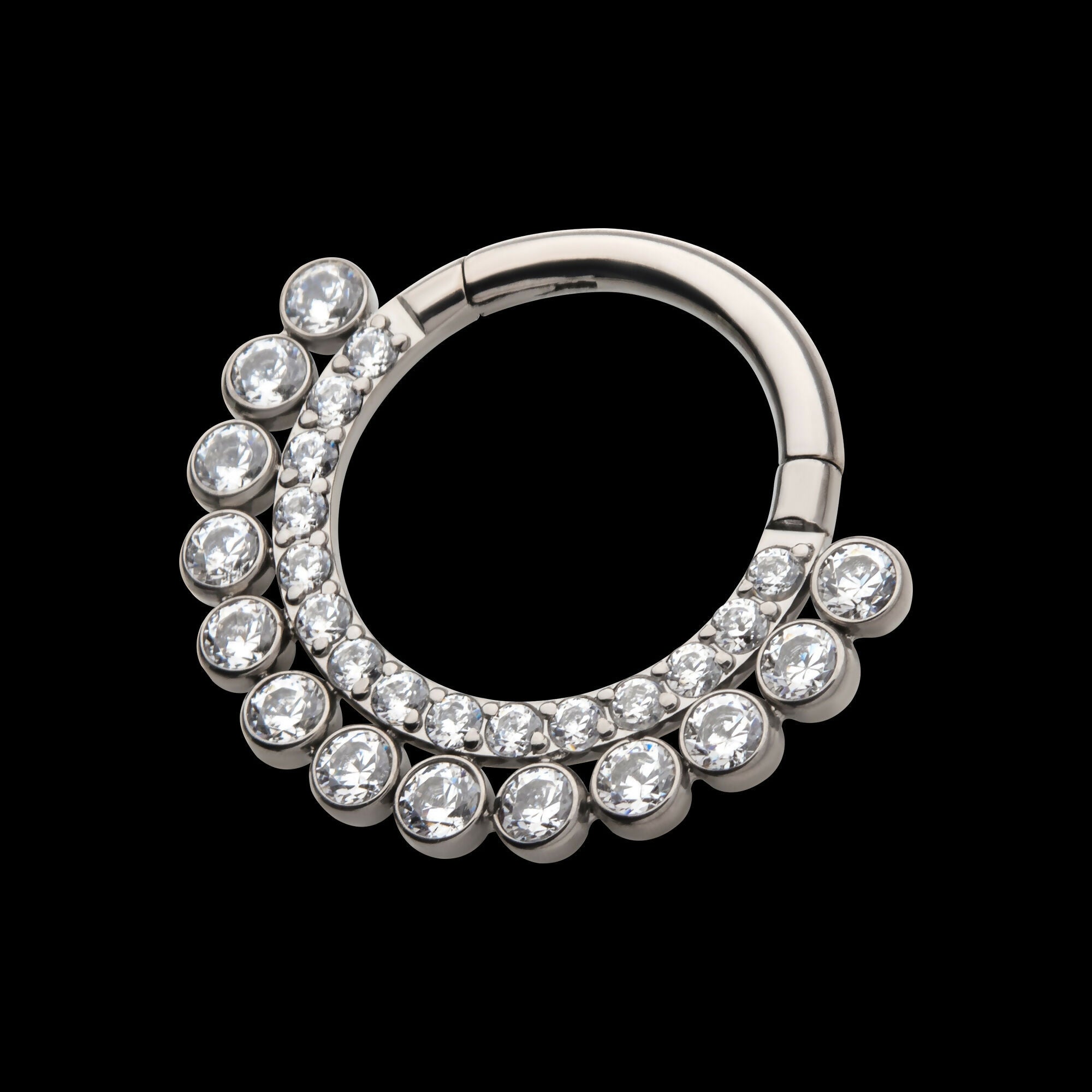 Double Row Clustered CZ Front Facing Hinged Segment Clicker Hoop Earring / Nosering – Titanium