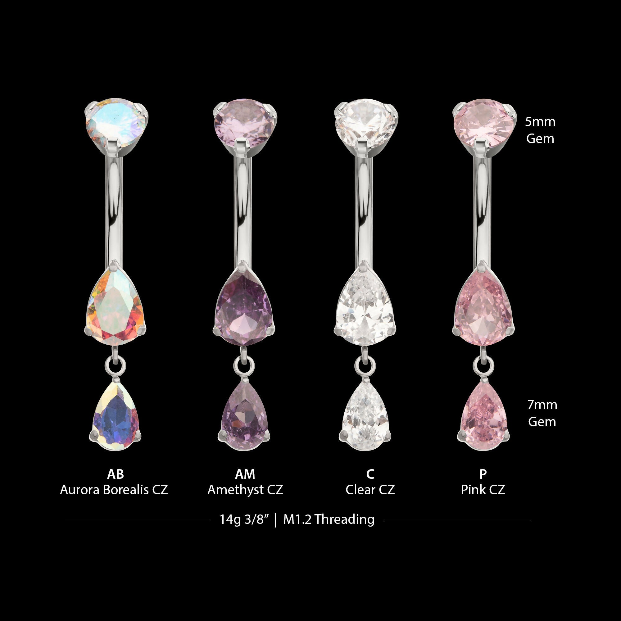 Internally Threaded Double Dangle Prong Set Teardrop Gem Navel Earring / Nosering – Titanium