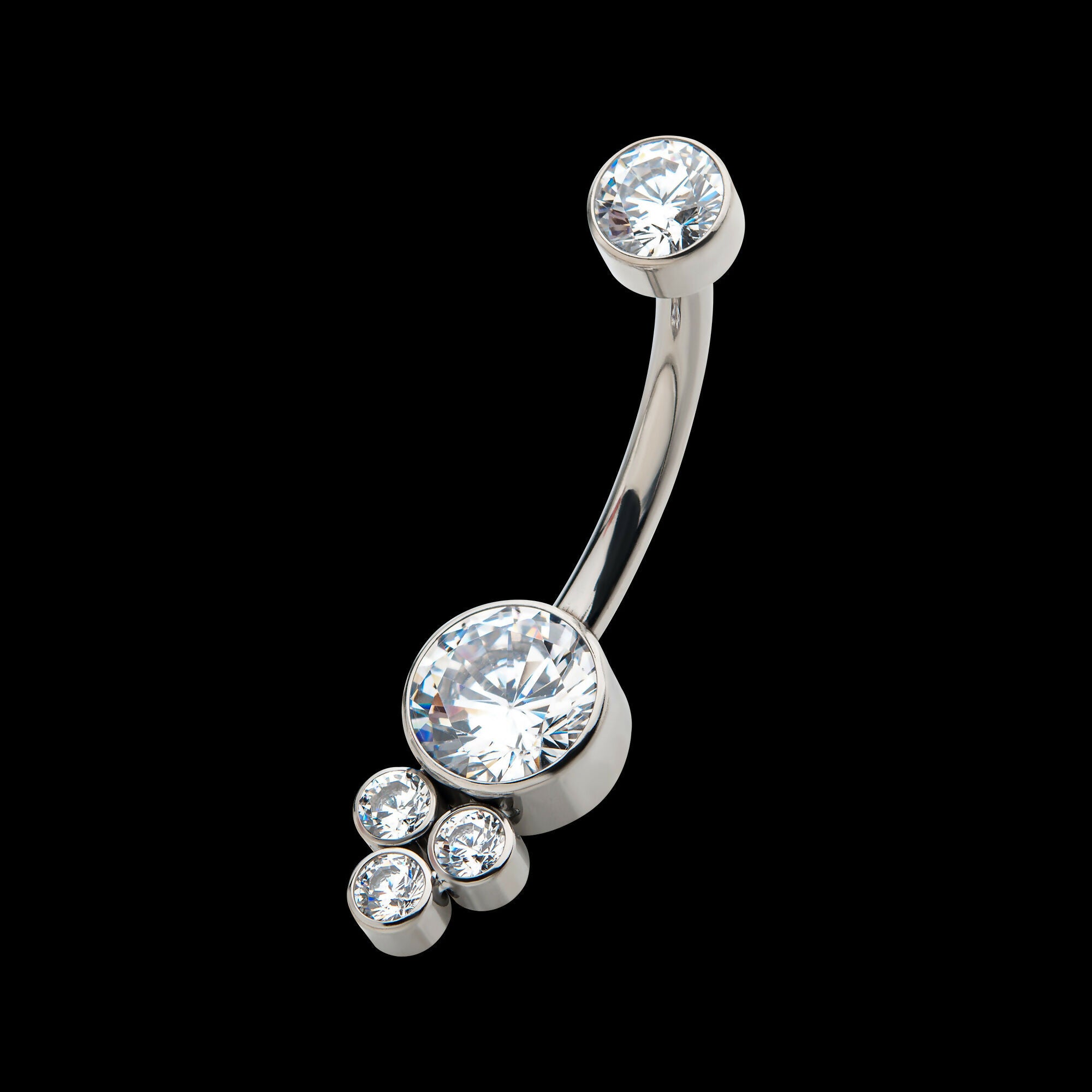 Internally Threaded with 3 Bezel Set Round Clear CZ Cluster Fixed Navel Jewelry / Belly Button Ring – Titanium
