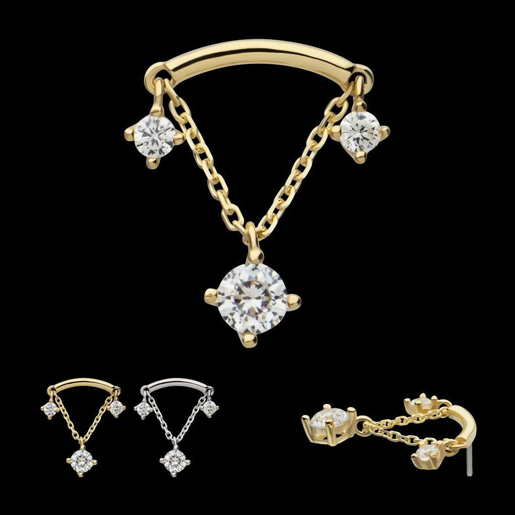 14Kt Gold Threadless Curve Bar Top with Prong Set Gem & Chain Dangle