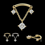 14Kt Gold Threadless Curve Bar Top with Prong Set Gem & Chain Dangle