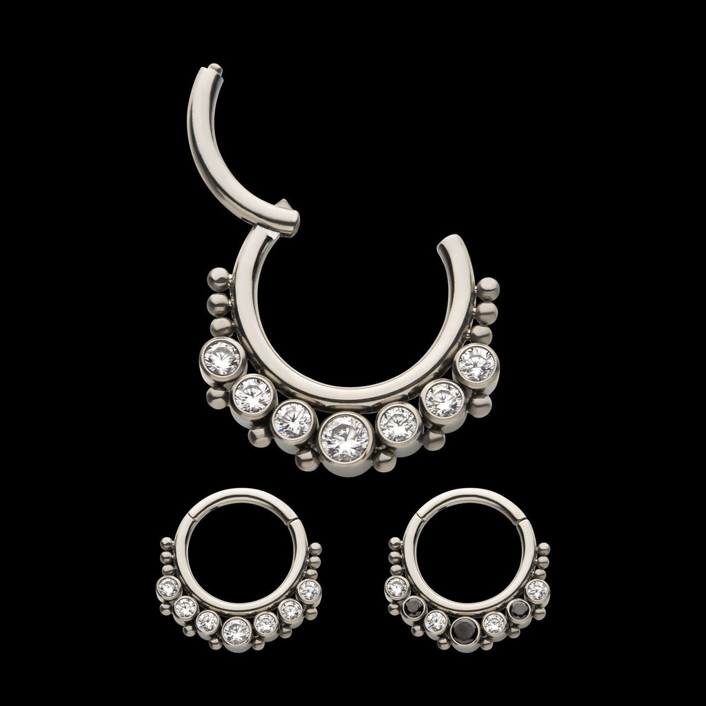 7 Cluster Bezel Set CZ & Beads Front Facing Hinged Segment Clicker Hoop Earring / Nosering – Titanium
