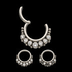 7 Cluster Bezel Set CZ & Beads Front Facing Hinged Segment Clicker Hoop Earring / Nosering – Titanium