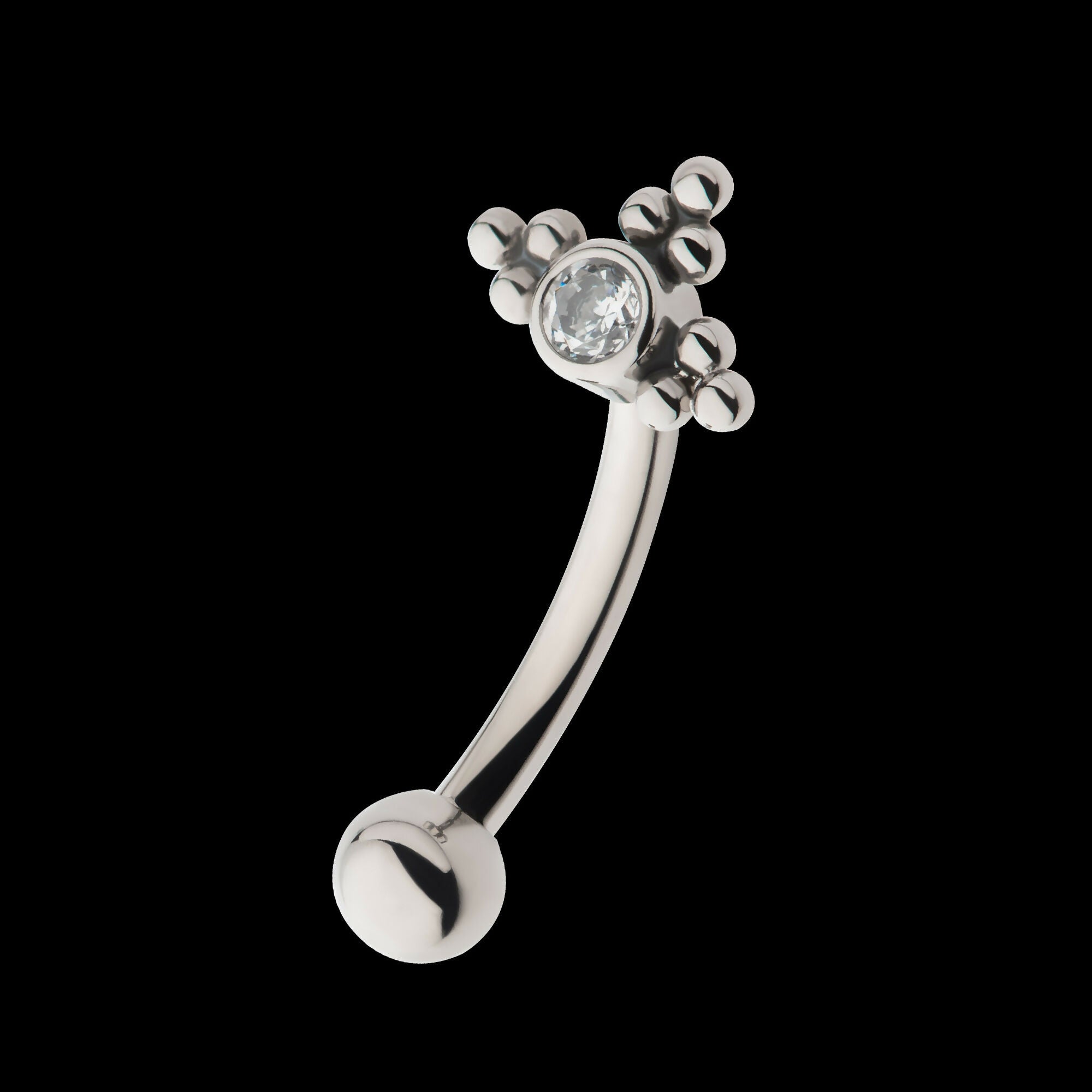 Internally Threaded with Tri Beads Set & Bezel Set Clear AAA CZ Fixed Top Curved Barbell Earring / Nosering – Titanium