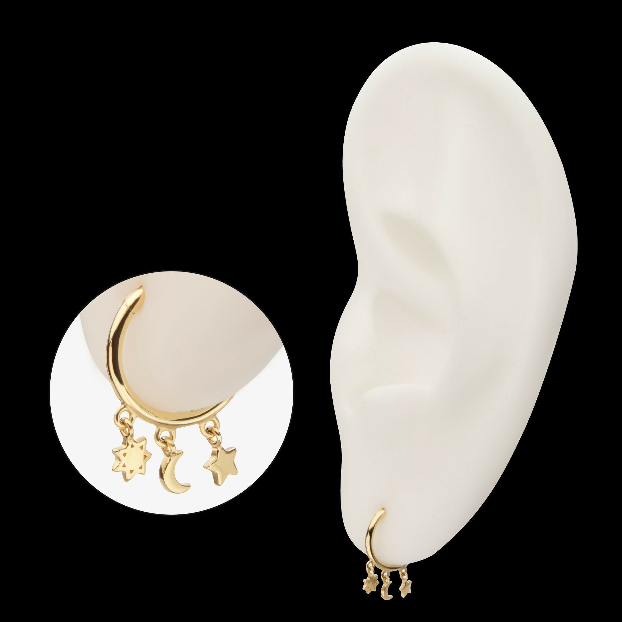 Stars & Moon Dangle Charm Hinged Segment Clicker Hoop Earring / Nosering – 14Kt Yellow Gold