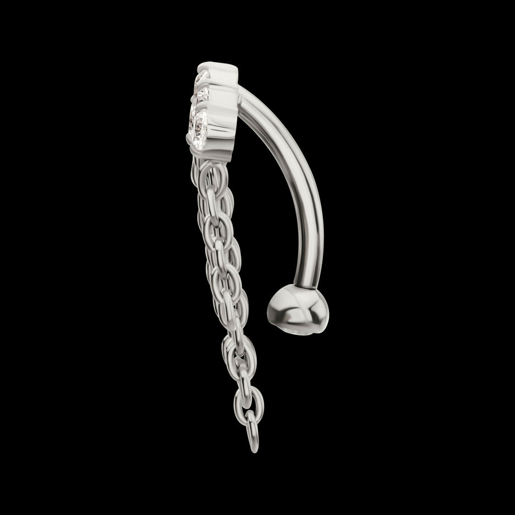 Internally Threaded 5-Cluster Prong Gem Fixed Top Curved Barbell with 5 Chain Dangle Earring / Nosering – Titanium