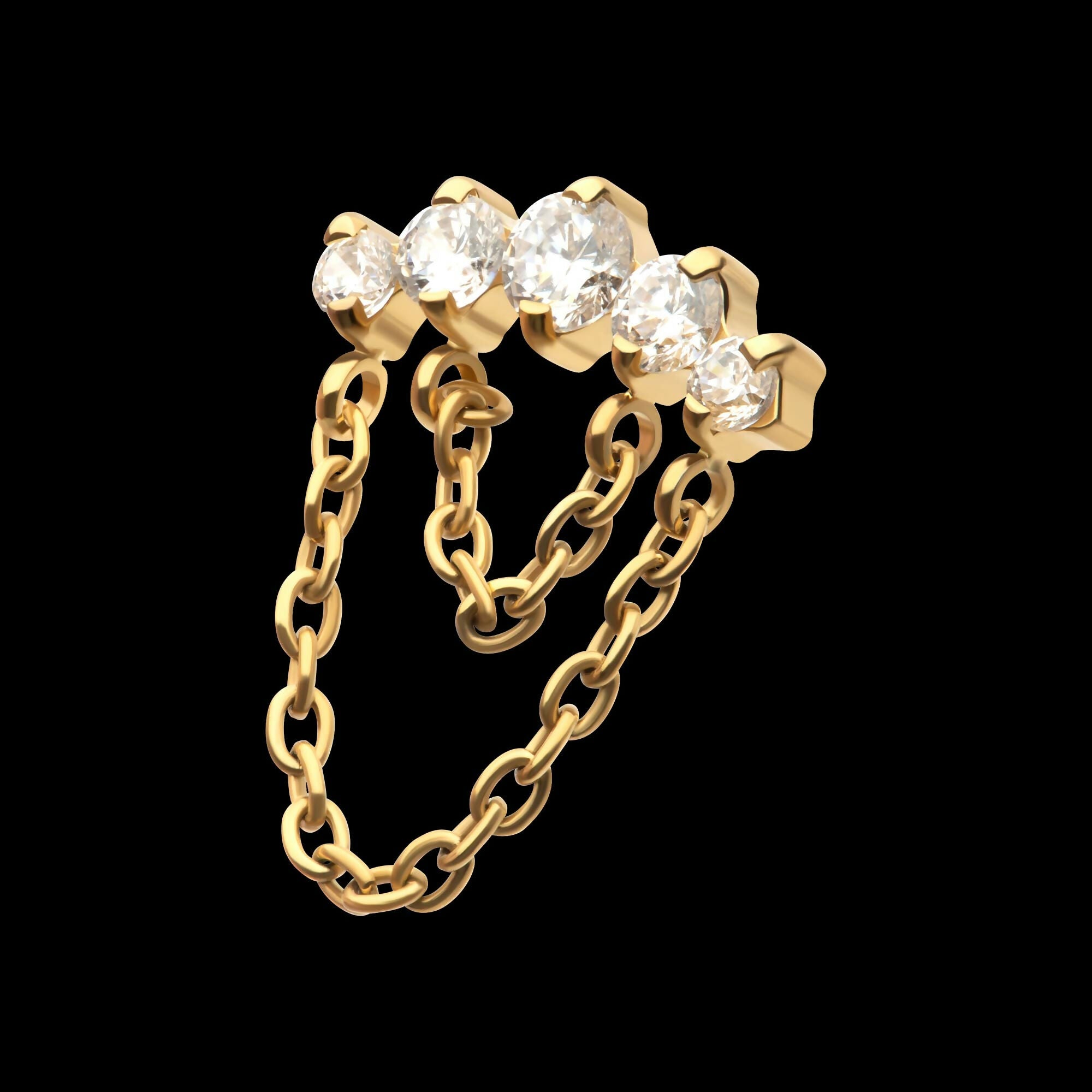 24Kt Gold PVD Titanium Threadless 5-Cluster Round AAA CZ Top with 2 Tier Dangle Chain