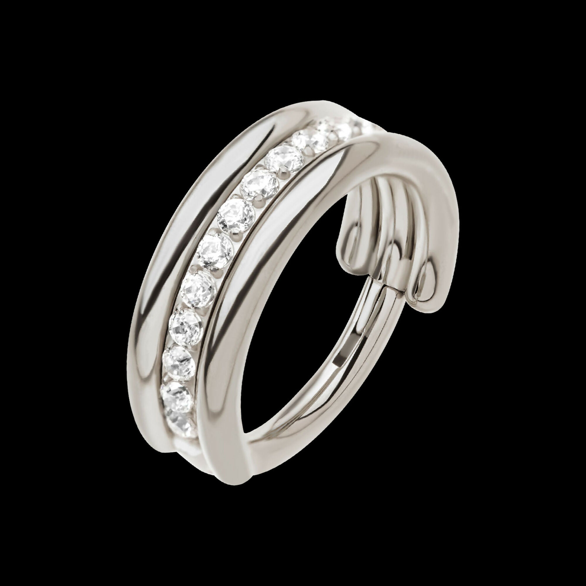 Triple Stacked with CNC Set CZ Center Line Side Facing Hinged Segment Clicker Hoop Earring / Nosering – Titanium