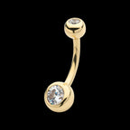 Double Bezel Clear CZ Internally Threaded Top with Fixed Bottom Navel Earring / Nosering – 14Kt Yellow Gold