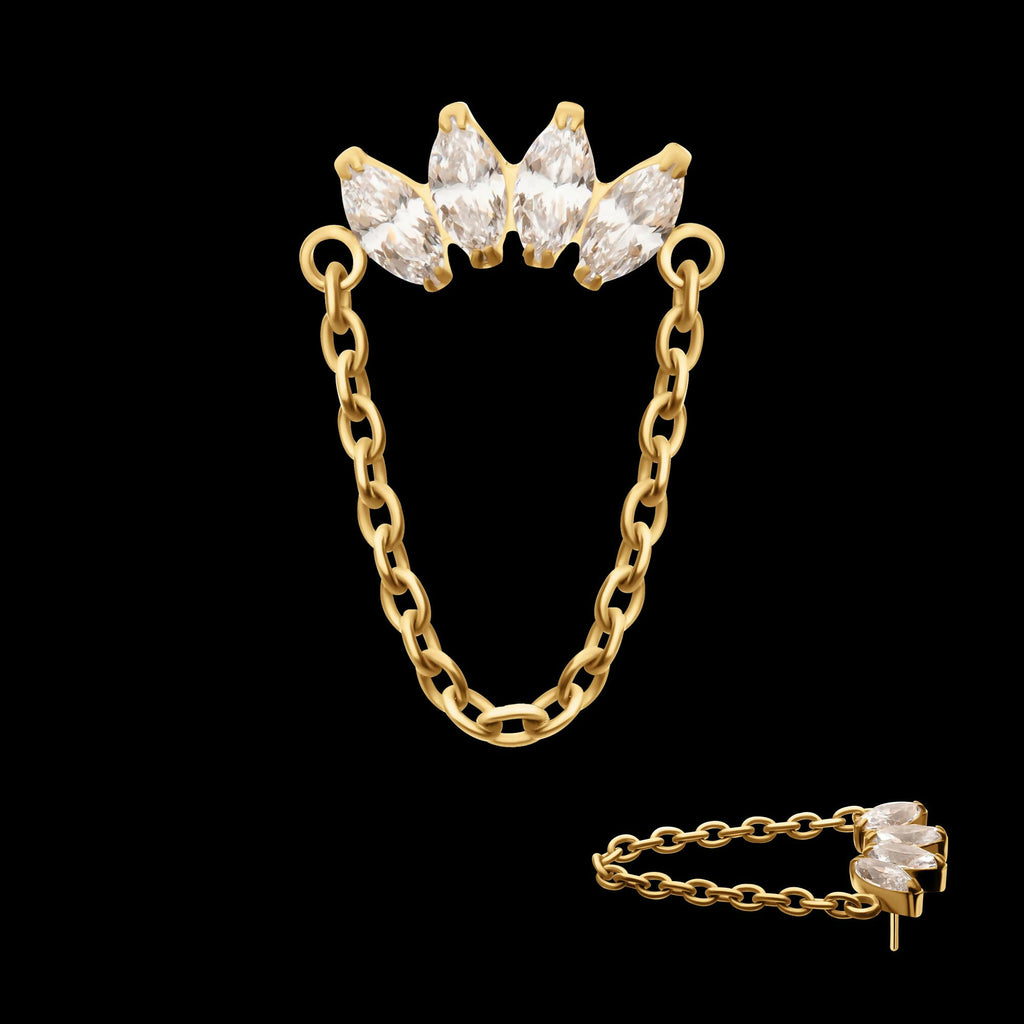 24Kt Gold PVD Titanium Threadless 4 Marquise Prong Gem Cluster Top with Chain Dangle