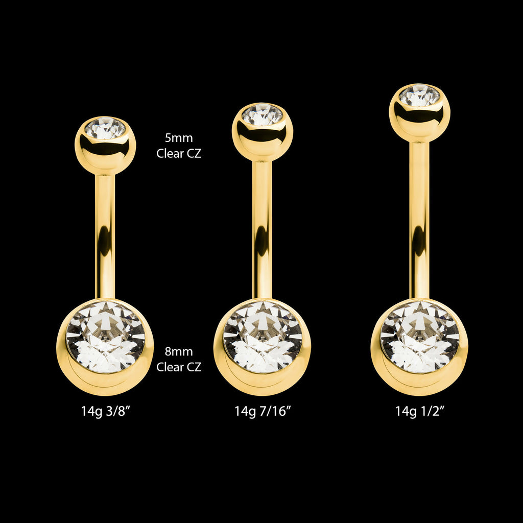 24Kt Gold PVD Titanium Internally Threaded Double Bezel Set Swarovski Crystal Fixed Bottom Navel Earring / Nosering