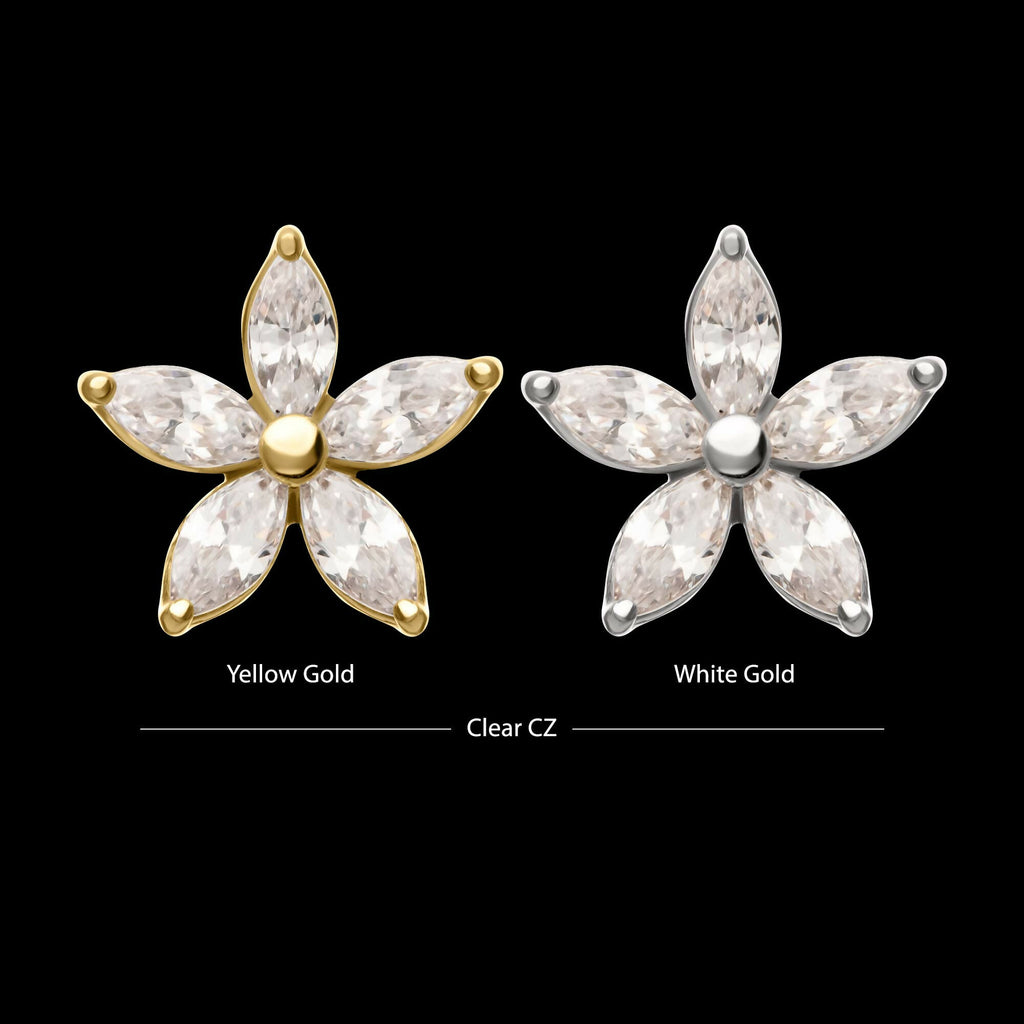 14Kt Gold Threadless Flower Top with 5 Petal Marquise Prong Set Gem