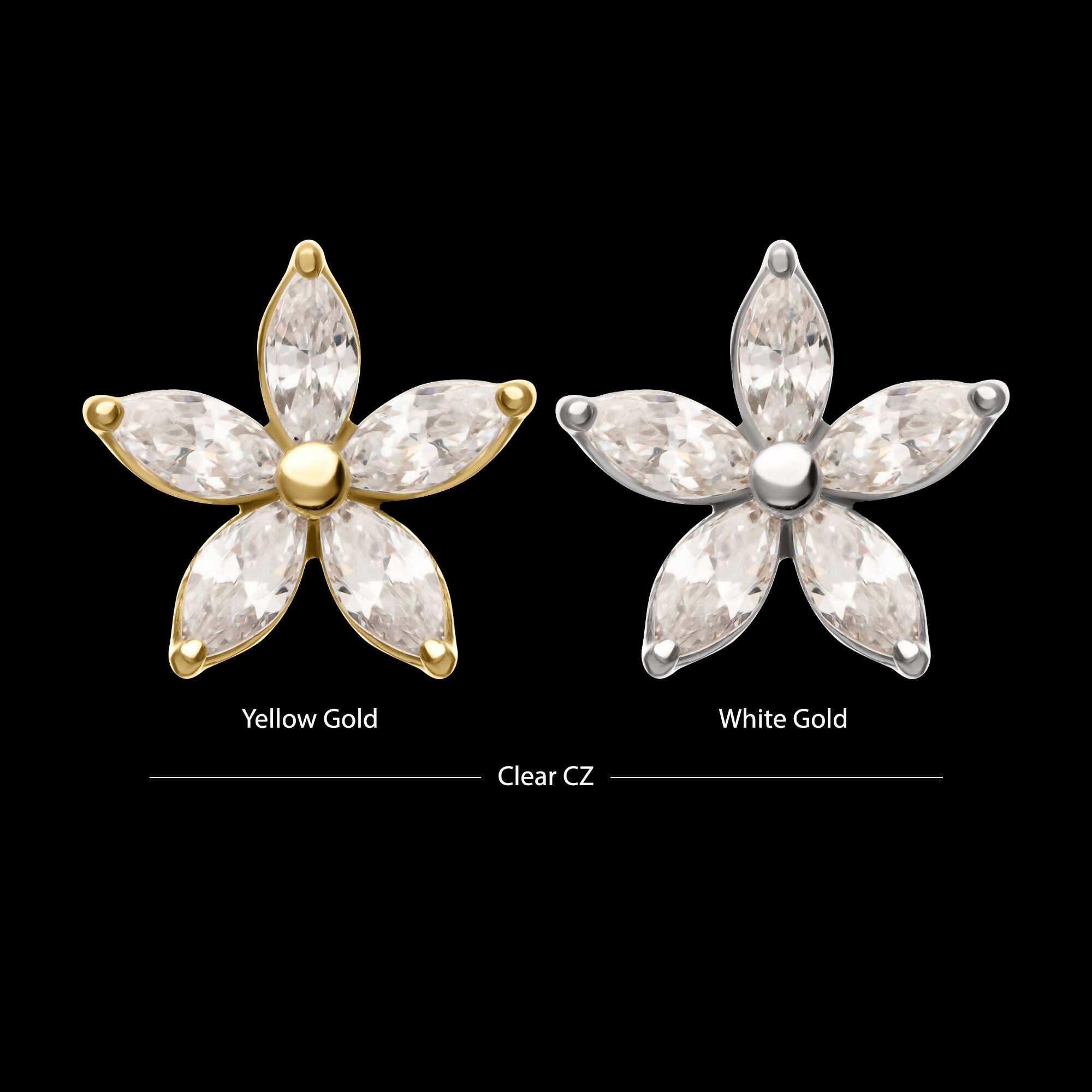 14Kt Gold Threadless Flower Top with 5 Petal Marquise Prong Set Gem