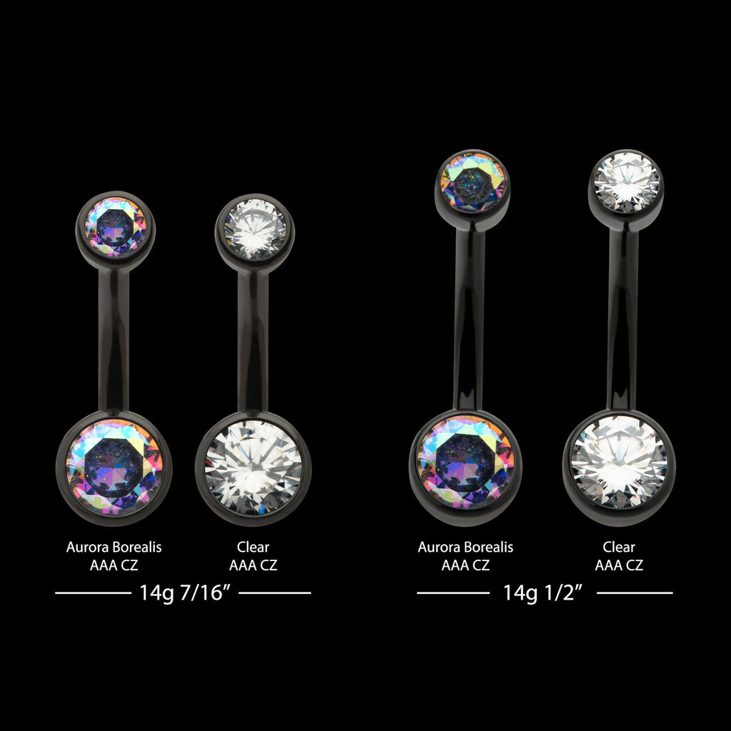 Black PVD Titanium Internally Threaded Bezel Set Double CZ Smooth Rounded Back Fixed Bottom Navel Ring Earring / Nosering