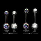 Black PVD Titanium Internally Threaded Bezel Set Double CZ Smooth Rounded Back Fixed Bottom Navel Ring Earring / Nosering