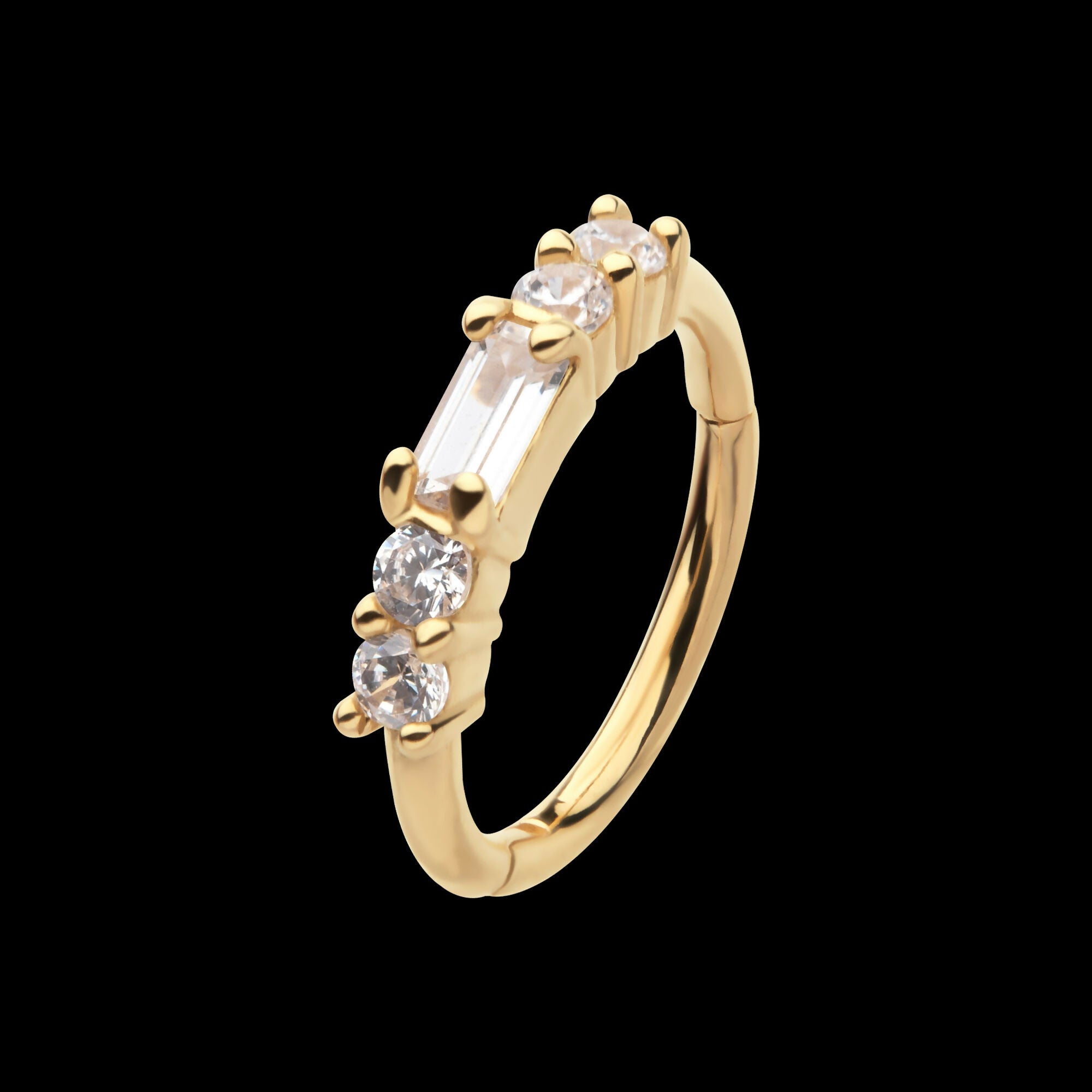 5-Cluster Prong Set Baguette & Round Clear CZ Side Facing Hinged Segment Clicker Hoop Earring / Nosering – 14Kt Yellow Gold