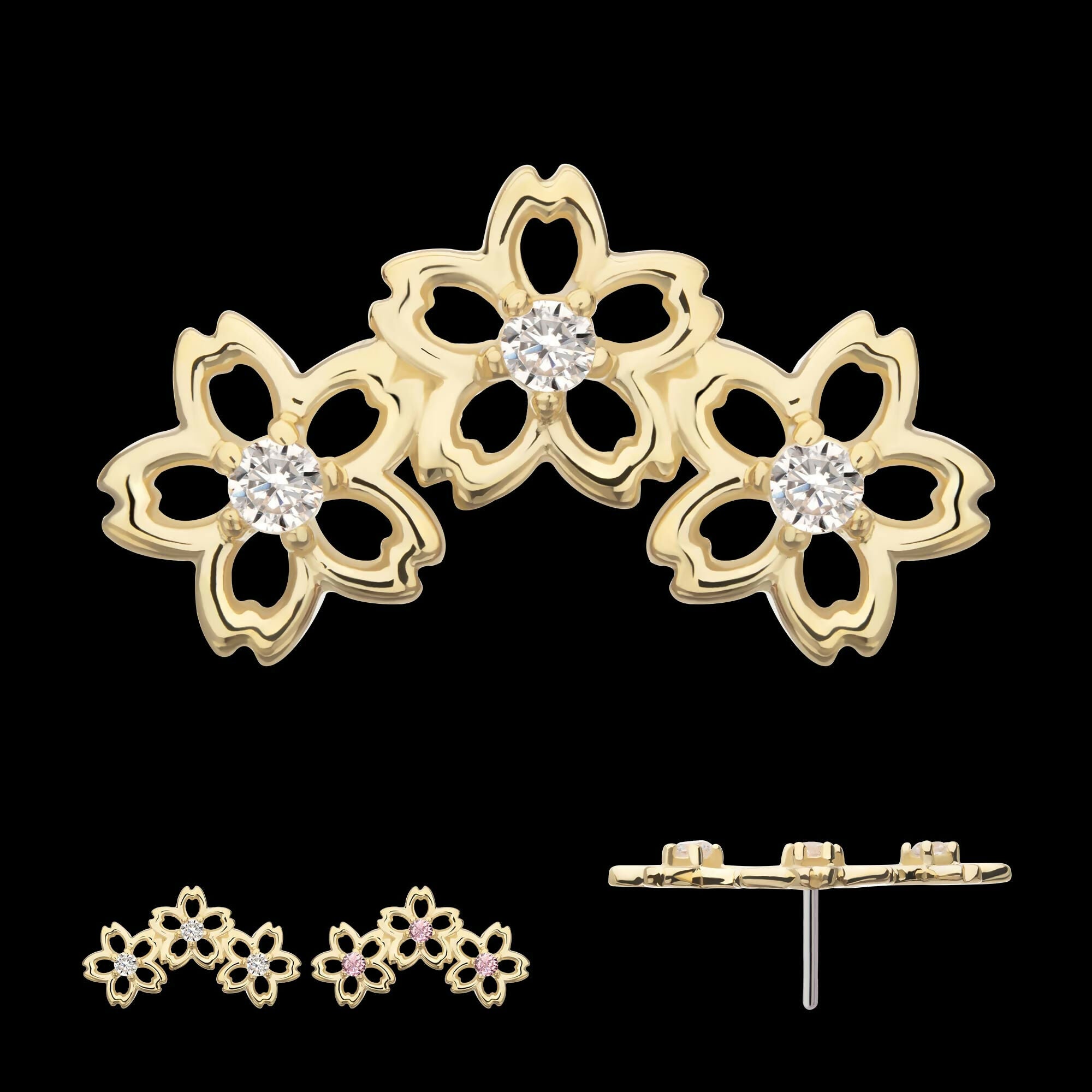 14Kt Yellow Gold Threadless Triple Cut Out Cherry Blossom Flower Top with Prong Set Gem