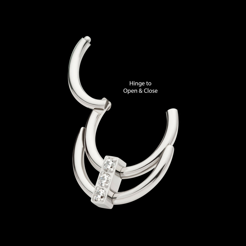 Double Hoop with 3-Cluster CZ Front Facing Hinged Segment Clicker Earring / Nosering – Titanium