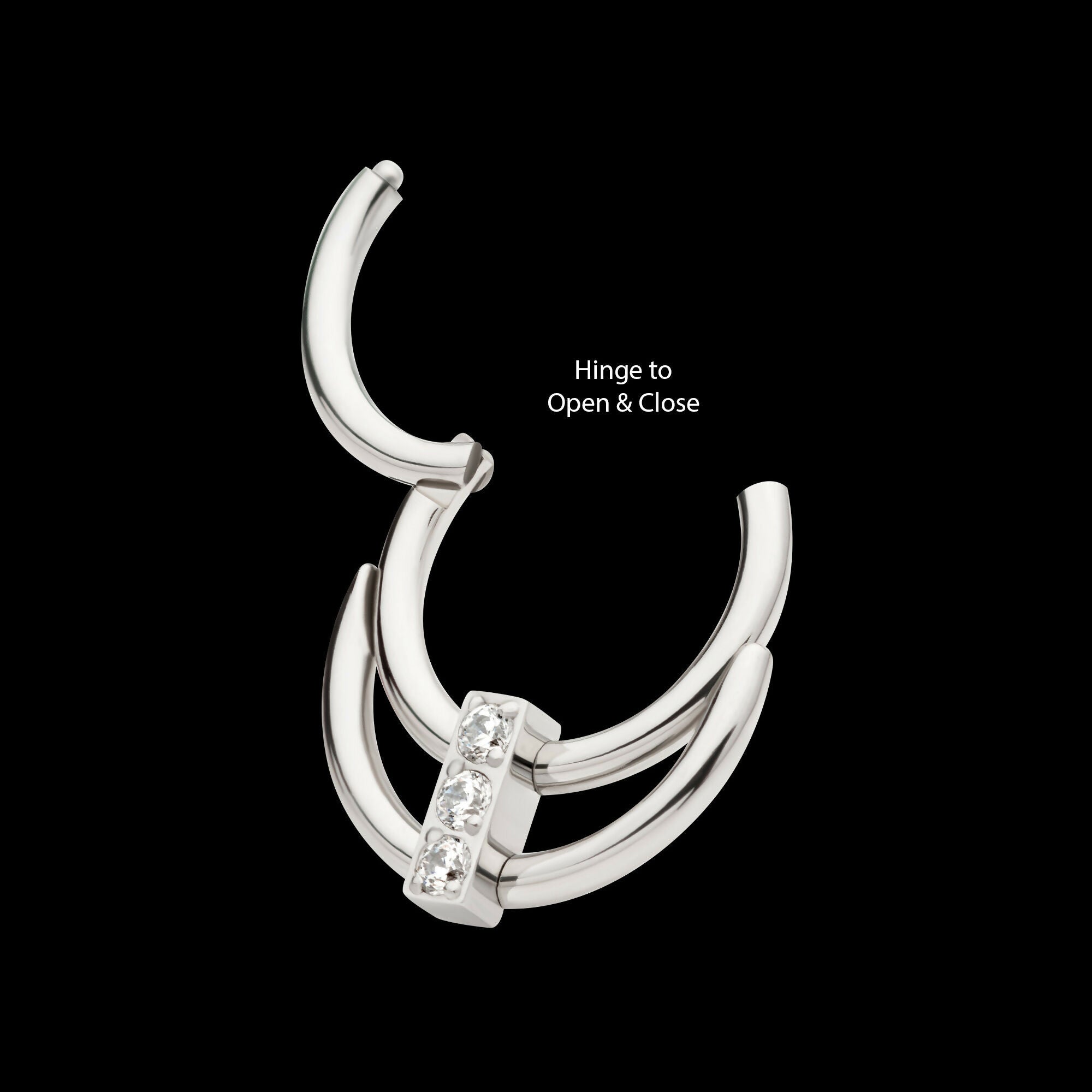 Double Hoop with 3-Cluster CZ Front Facing Hinged Segment Clicker Earring / Nosering – Titanium