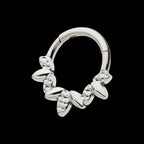 Clustered Hammered & Shiny 3-Petal Flower Front Facing Hinged Segment Clicker Hoop Earring / Nosering – Titanium