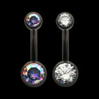 Black PVD Titanium Internally Threaded Bezel Set Double CZ Smooth Rounded Back Fixed Bottom Navel Ring Earring / Nosering