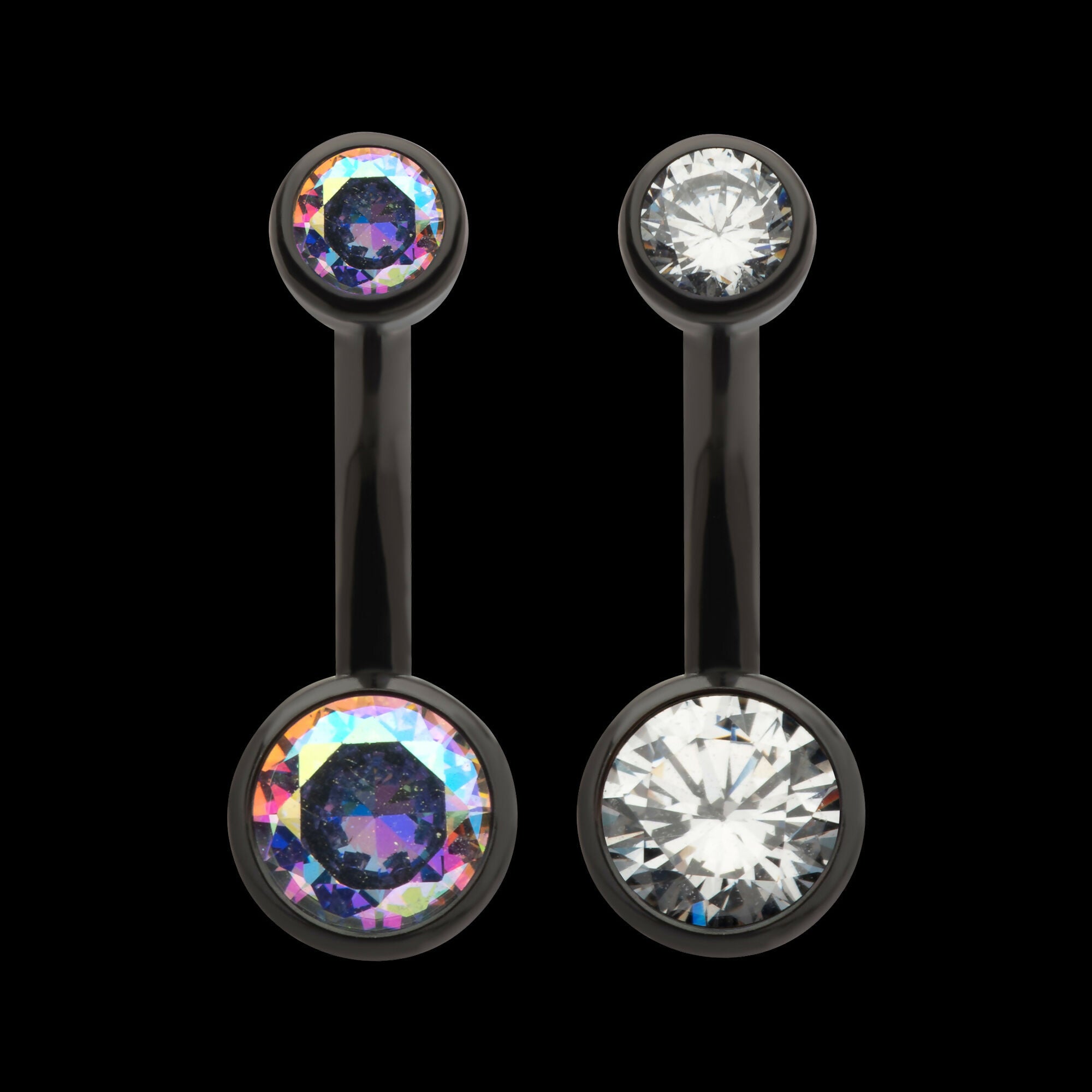 Black PVD Titanium Internally Threaded Bezel Set Double CZ Smooth Rounded Back Fixed Bottom Navel Ring Earring / Nosering