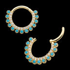 Double Row Prong Set Clear CZ & Synthetic Turquoise Front Facing Hinged Segment Clicker Hoop Earring / Nosering – 14Kt Yellow Gold