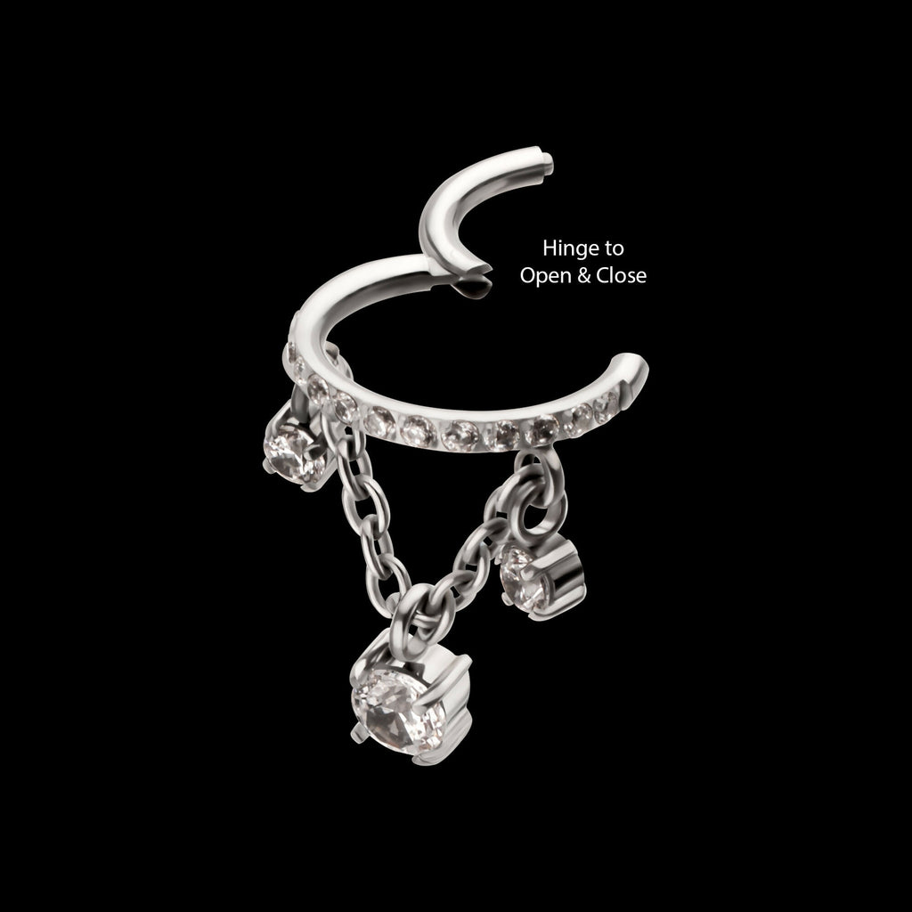 Pave Gem Hoop with Three Prong Set Gem Chain Dangle Hinged Segment Clicker Earring / Nosering – Titanium