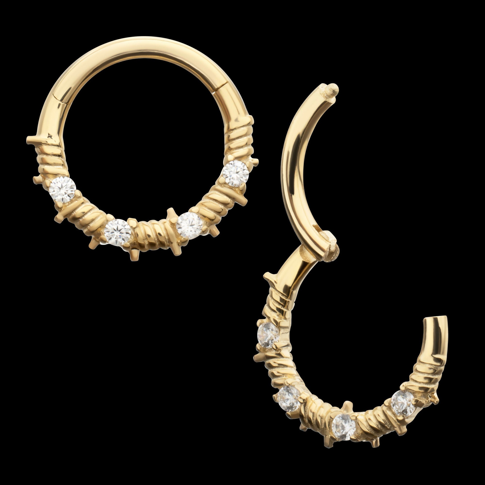 Barbed Wire Wrap with Prong Set Gem Front Facing Hinged Segment Clicker Hoop Earring / Nosering – 14Kt Yellow Gold