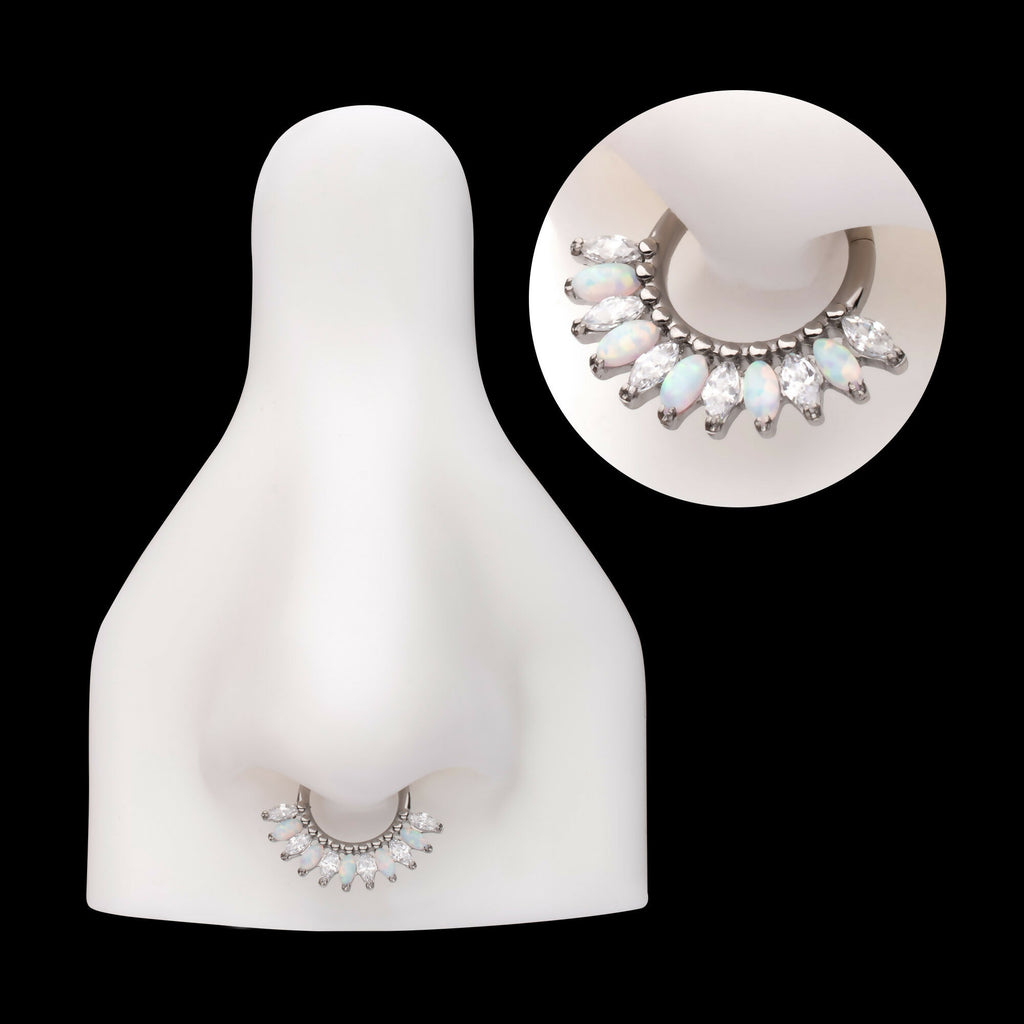 Prong Set Marquise Gem & Opal Cluster Fan Front Facing Hinged Segment Clicker Hoop Earring / Nosering – Titanium
