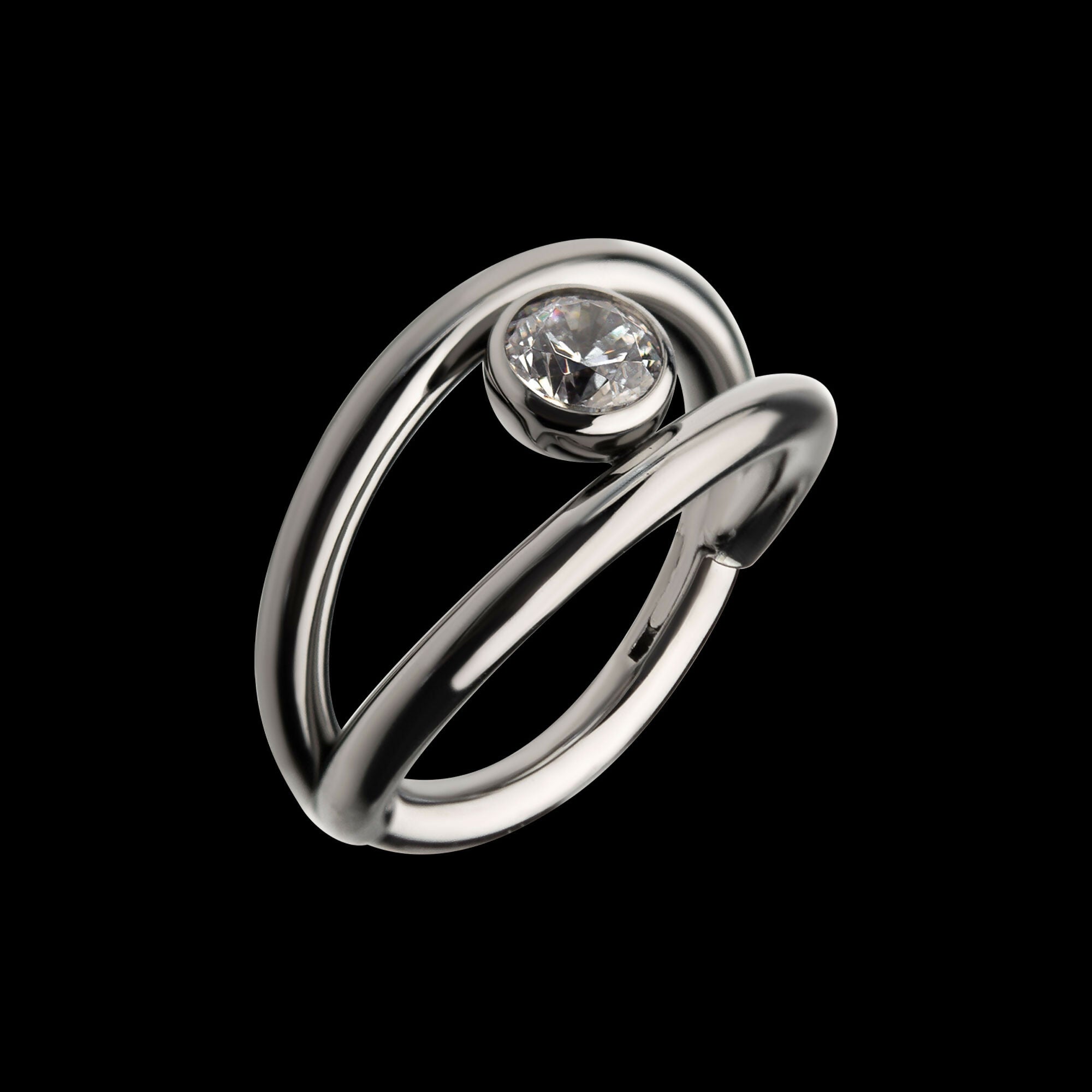 Double Hoop with Bezel Set Round Gem Side Facing Hinged Segment Clicker Earring / Nosering – Titanium
