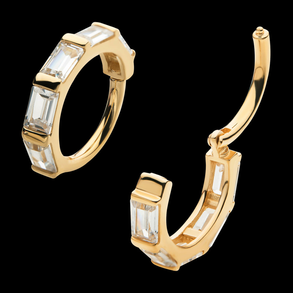 Baguette Clear CZ Side Facing Hinged Segment Clicker Hoop Earring / Nosering – 14Kt Yellow Gold
