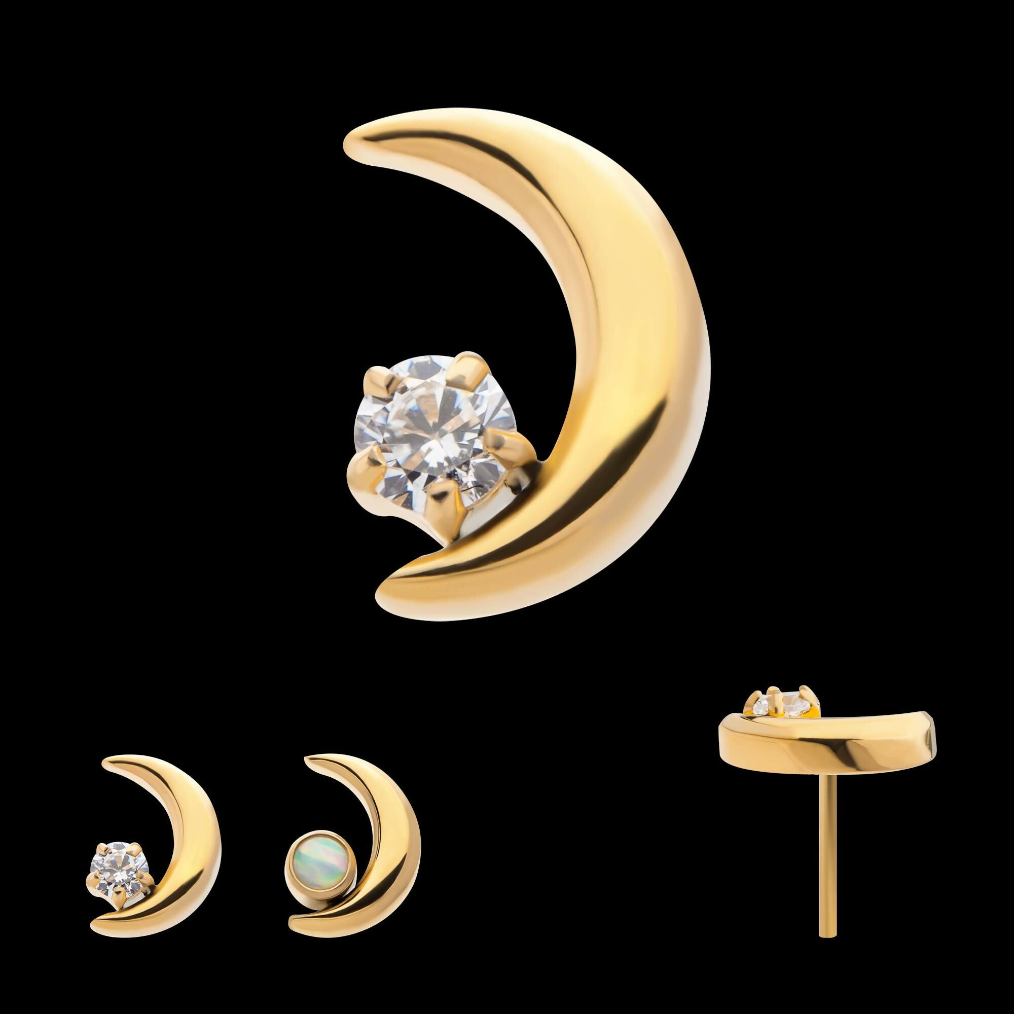 24Kt Gold PVD Titanium Threadless Crescent Moon with CZ/Opal Top