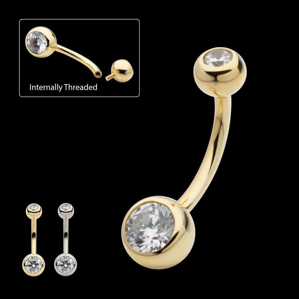 Internally Threaded Double Round Bezel Clear CZ Fixed Bottom Navel Earring / Nosering – 14Kt Gold