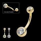 Internally Threaded Double Round Bezel Clear CZ Fixed Bottom Navel Earring / Nosering – 14Kt Gold