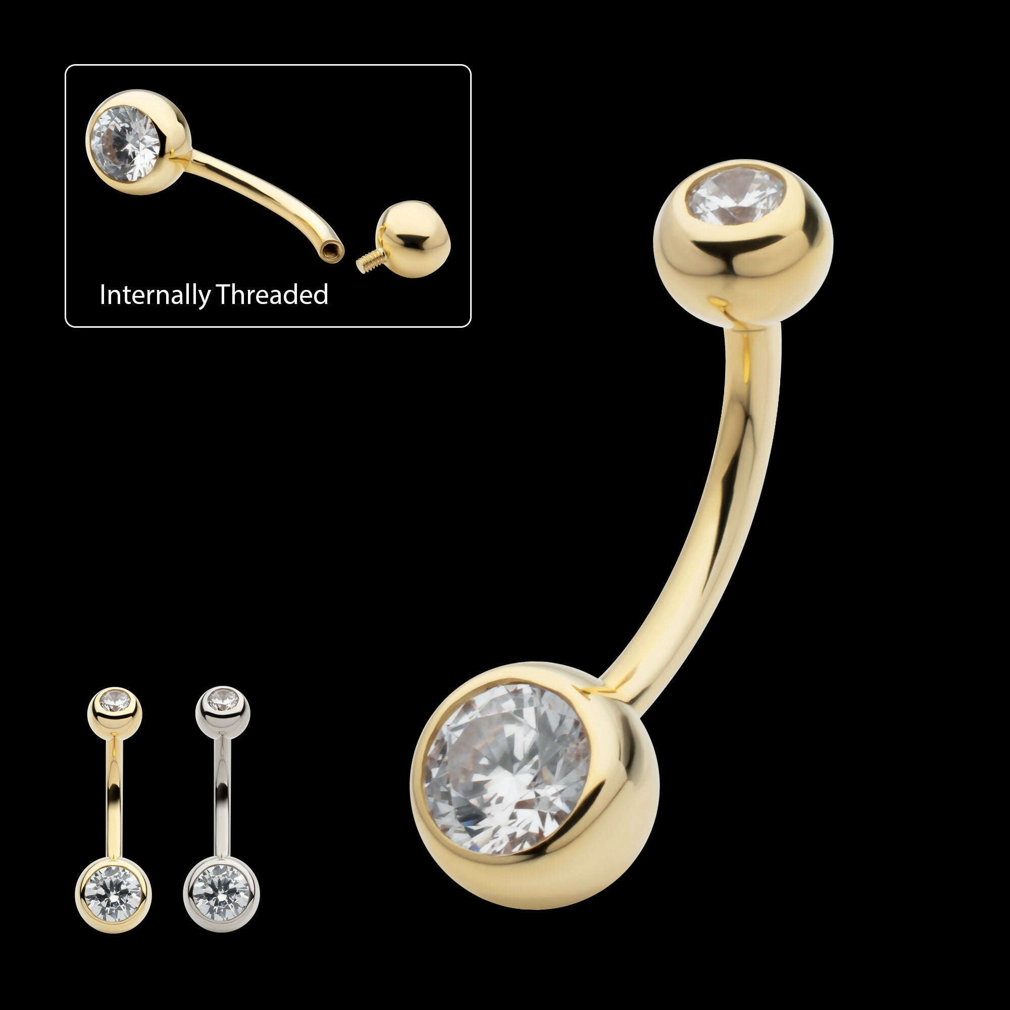 Internally Threaded Double Round Bezel Clear CZ Fixed Bottom Navel Earring / Nosering – 14Kt Gold