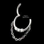 3-Cluster Prong Set Round CZ Front Facing Hinged Segment Clicker with Dangle Chain Hoop Earring / Nosering – Titanium