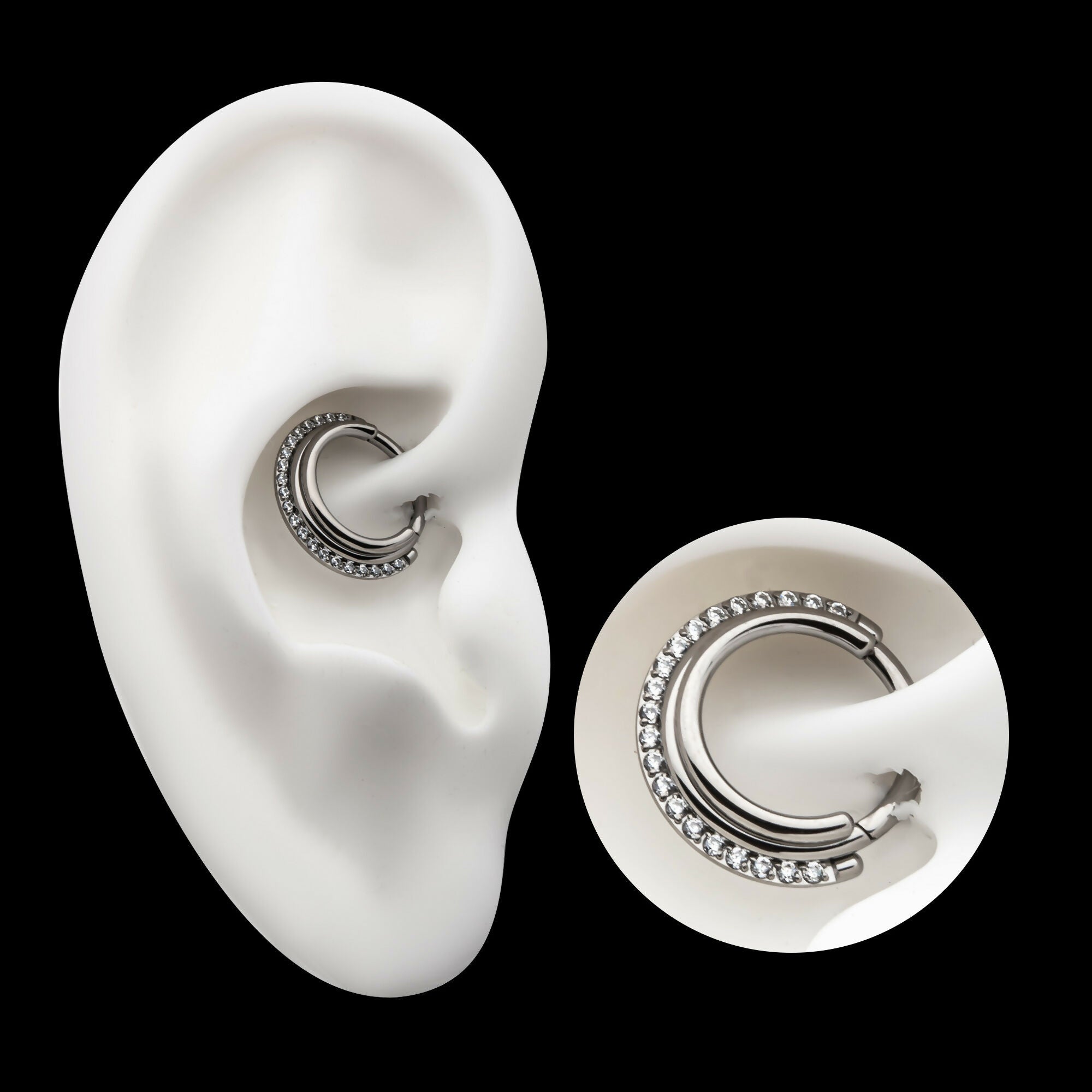 Triple Stacked Front Facing Hinged Segment Clicker with CNC Set 1mm Full Clear CZ Hoop Earring / Nosering – Titanium