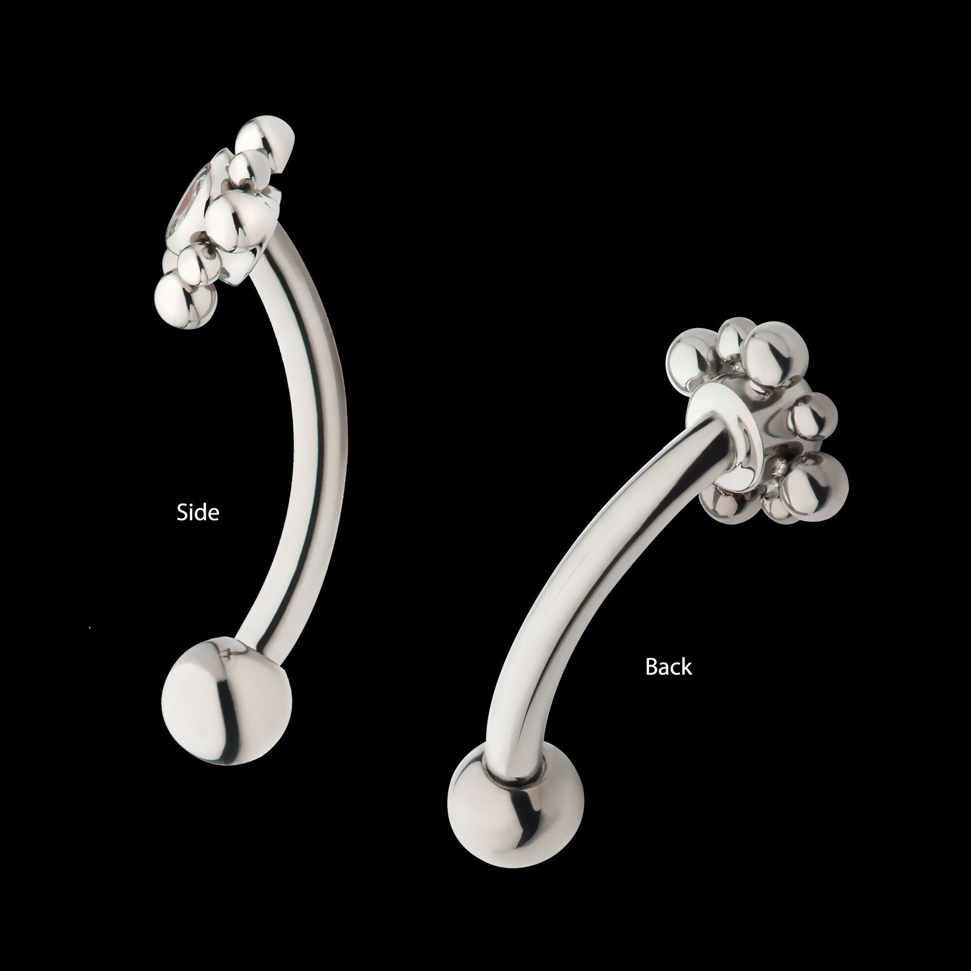 Internally Threaded with Beads Around Bezel Set Clear AAA CZ Flower Fixed Top Curved Barbell Earring / Nosering – Titanium