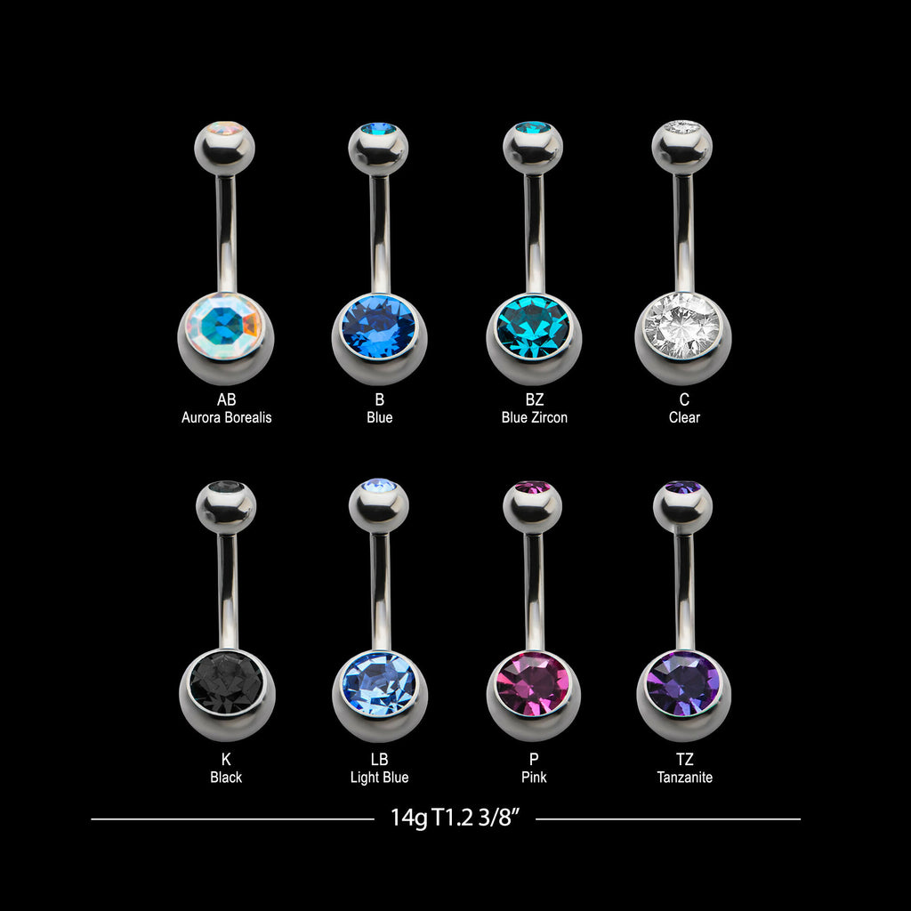 Internally Threaded with Bezel Set Double Swarovski Crystal Navel Curves Earring / Nosering – Titanium