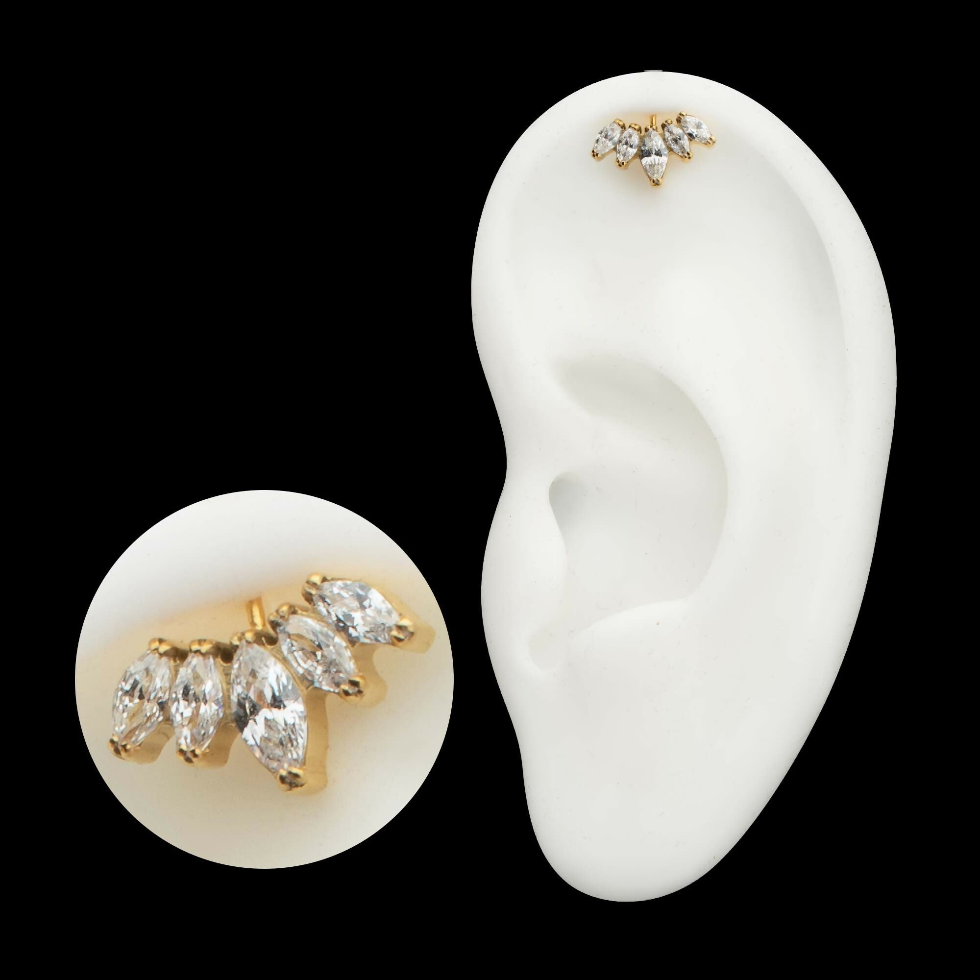 24Kt Gold PVD Titanium Threadless Vertical Helix V-Prong Marquise Fan 5-Cluster Top