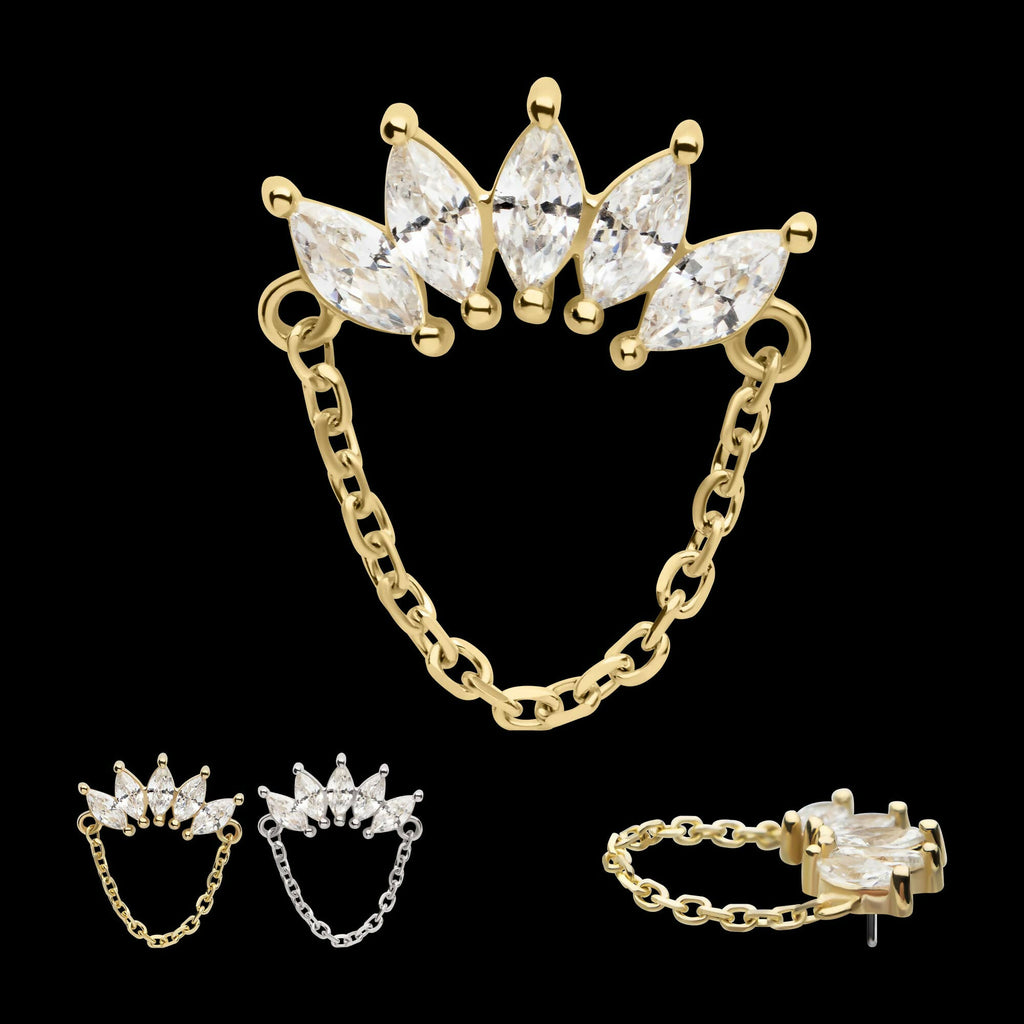 14Kt Gold Threadless 5 Cluster Marquise Prong Set Gem Fan Top with Chain Dangle