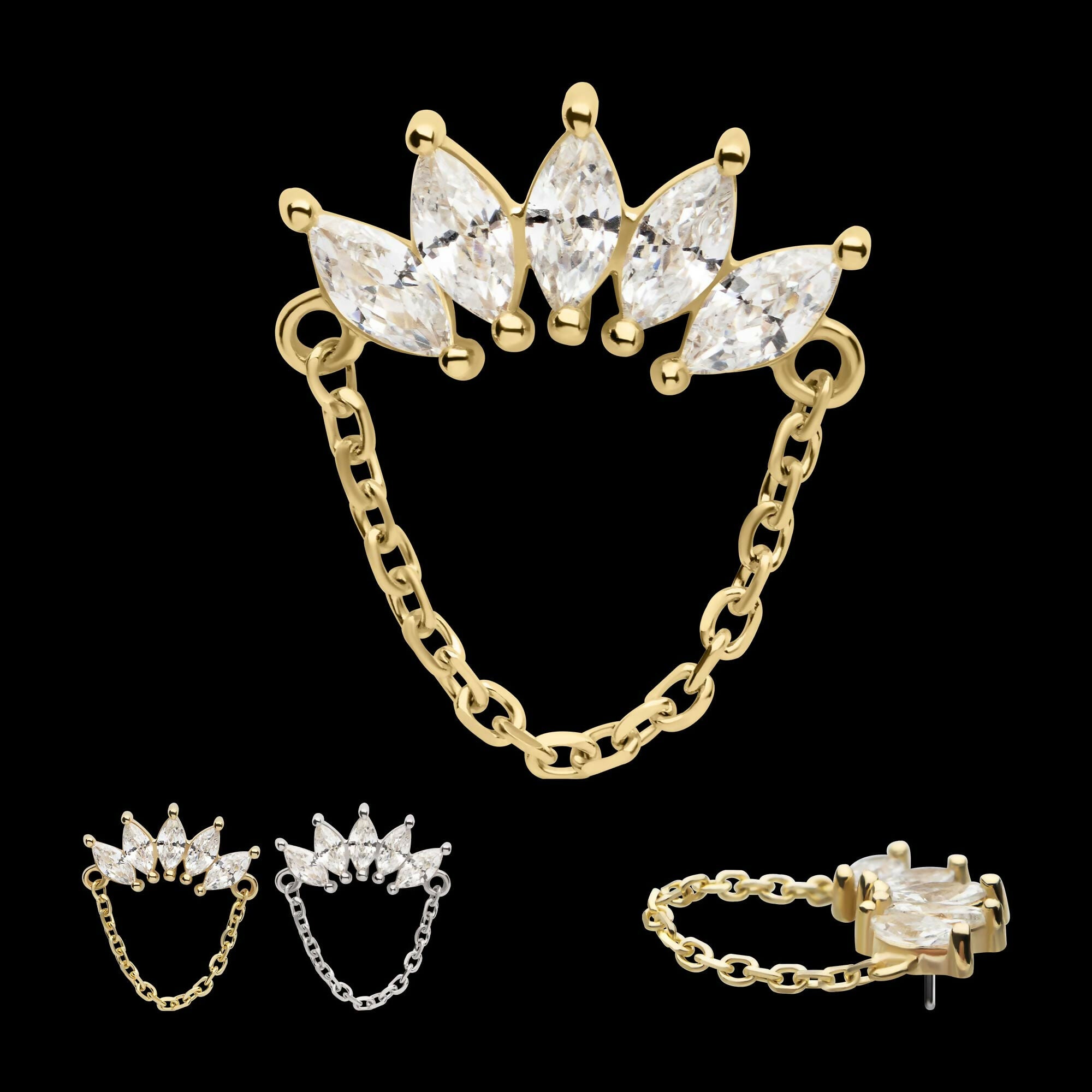 14Kt Gold Threadless 5 Cluster Marquise Prong Set Gem Fan Top with Chain Dangle