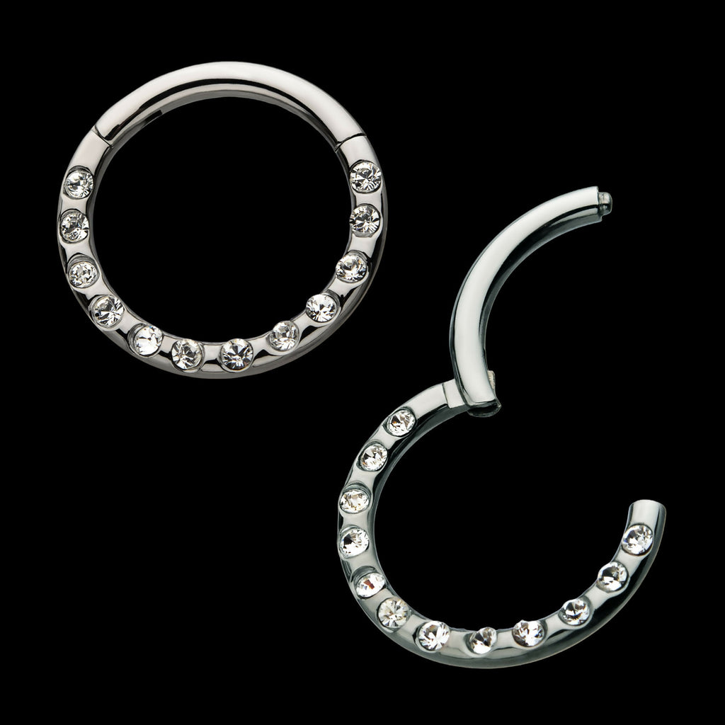 Bezeled 12 Swarovski Crystal Set On Hinged Segment Clicker Hoop Earring / Nosering – Titanium