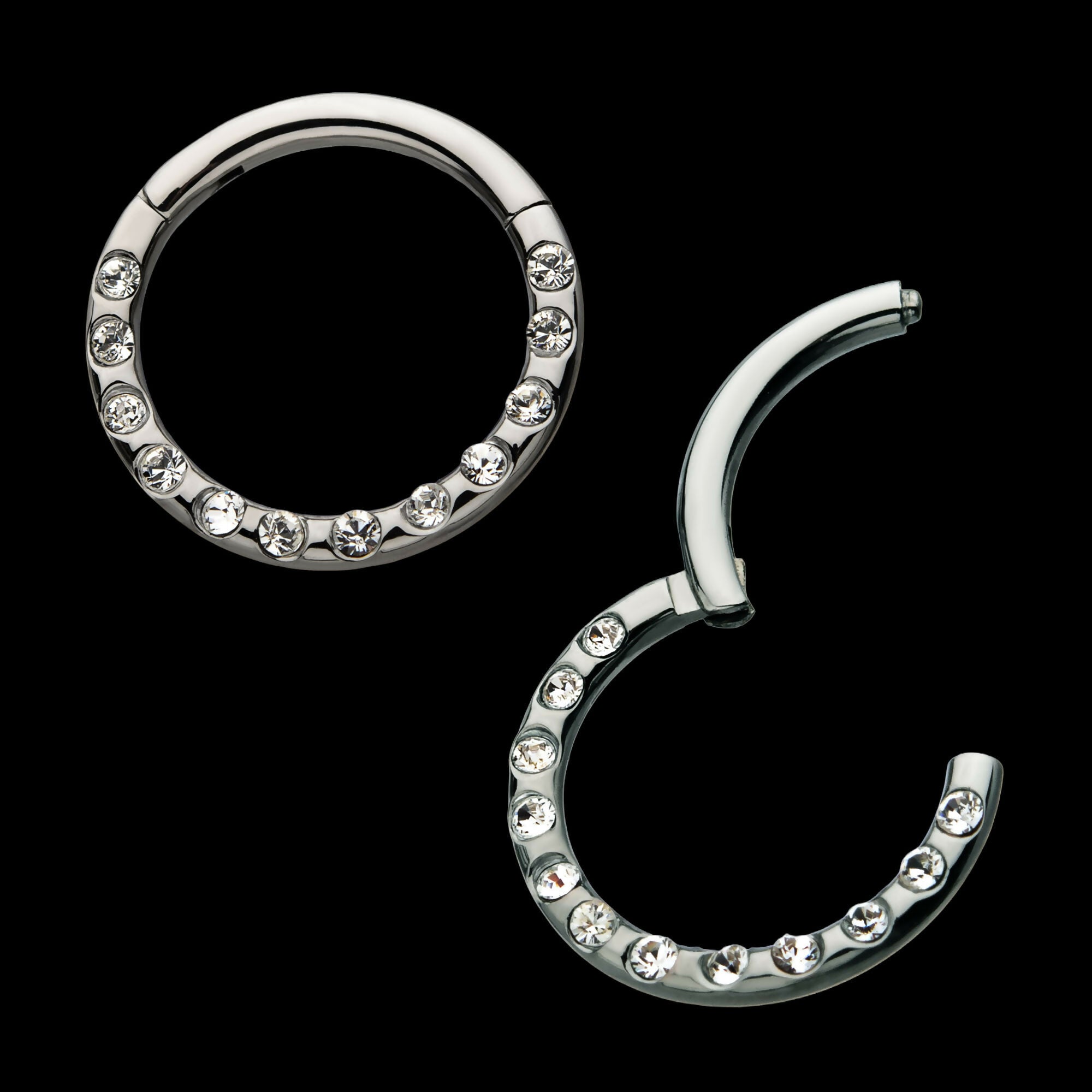 Bezeled 12 Swarovski Crystal Set On Hinged Segment Clicker Hoop Earring / Nosering – Titanium