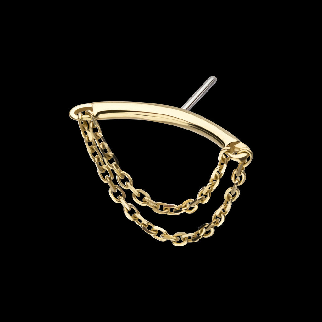 14Kt Gold Threadless Hidden Helix Curved Bar Top with 2-Tier Chain Dangle