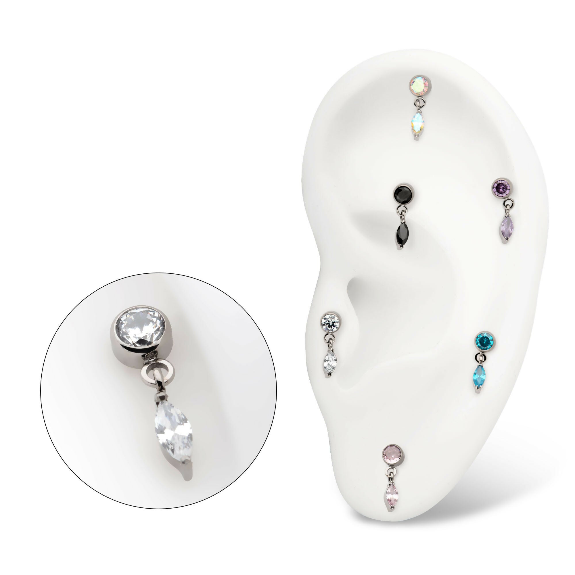 Bezel Gem with Marquise Dangle Flatback Stud Earring / Nosering - Gem in Titanium
