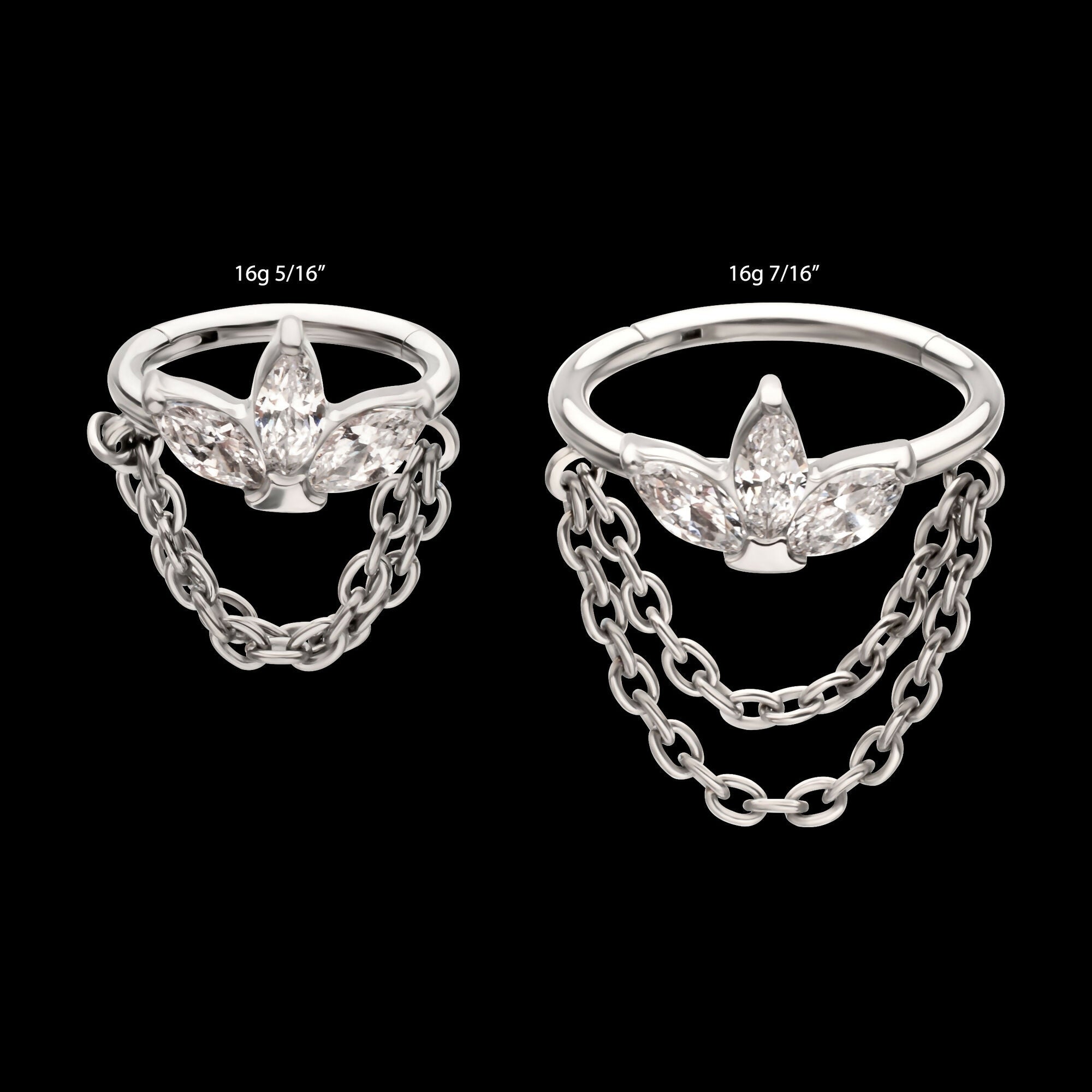 Triple Marquise Gem Cluster Hoop with 2-Tier Chain Dangle Hinged Segment Clicker Earring / Nosering – Titanium